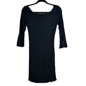 Diane Von Furstenberg Zarita Black Lace Shift Dress Full Zip Back Sheer Arms 6